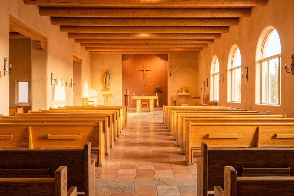 Empty church pews facing the altar, viewed from the back pew